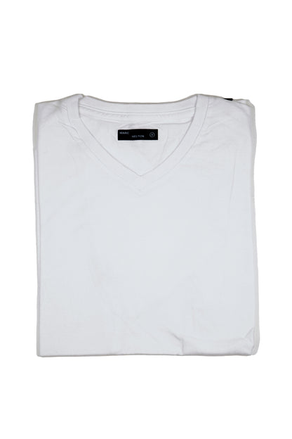 White v-neck t-shirt folded on a white background.