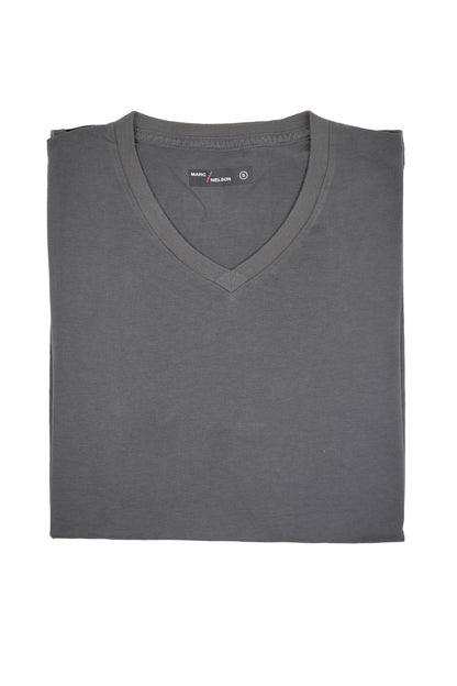 Gray v-neck t-shirt folded on a white background.